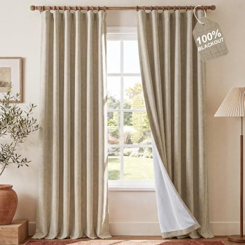 NICETOWN Farmhouse Linen Textured 100% Blackout Beige Curtains, Rustic 3-in-1 Header (Hooks/Back Tab/Pocket), Thermal Insulated Window Treatments for Bedroom, 52" W x 96" L, 2 Panels