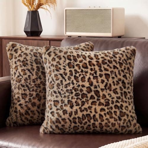 PRRPRR Leopard Throw Pillow Covers 18x18 Set of 2, Soft Faux Fur Cheetah Pillow Covers, Fluffy Decorative Cushion Covers with Hidden Zipper for Couch Sofa Bedroom Living Room Home Decor & Farmhouse - Image 1