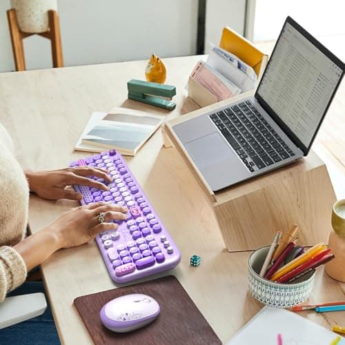 Wireless Keyboard and Mouse, Typewriter Full Size Keyboard with Number Pad and 2 in 1 USB Connected Mouse for Windows 7/8/10, Laptop, Desktop, PC, Computer (Purple Colorful) - Thumbnail 3