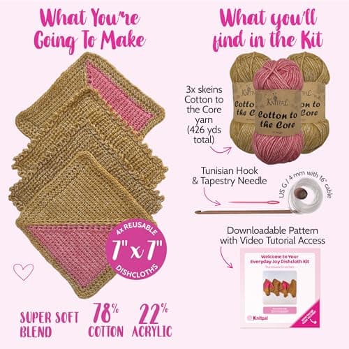 KnitPal Everyday Joy Tunisian Crochet Dishcloth Kit for Confident Beginners – Make 4 Reusable Dishcloths – Cotton Yarn, Tunisian Crochet Hook, 2 Patterns & Video Tutorials (Camel Brown+Flamingo Pink) - Thumbnail 3