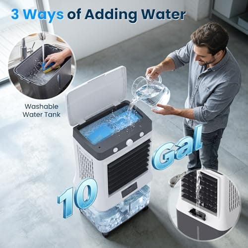 Swamp Cooler Air Conditioner, 10 Gal 3500 CFM Windowless Air Conditioner, Foldable Swamp Cooler, Ice Packs, 3 Modes 3 Speeds, 120° Oscillation, for Indoor Rooms Office Bedroom - Thumbnail 5