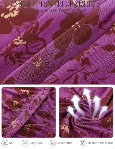 GRACE KARIN Women Mesh Boho Tops Dressy Casual Floral Short Sleeve Button Down Blouse Collared Outfit Purple Floral XL - Thumbnail 5