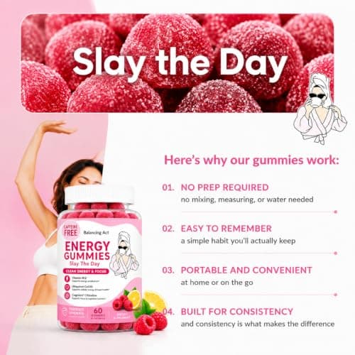 Balancing Act – Slay The Day Energy Gummies – Caffeine Free Focus & Clean Energy Support – with Vitamin B12, CoQ10 & Cognizin® Citicoline – Raspberry Lemonade – 60 Count (30 Day Supply) - Thumbnail 4