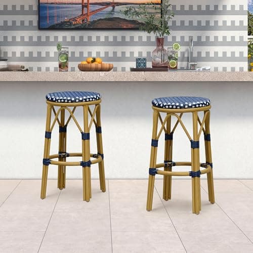 PURPLE LEAF Patio Round Counter Height Stool Set of 2 Outdoor Backless Barstools Aluminum Frame in Bamboo Finish with Navy Blue&White Woven Rattan for Indoor Kitchen Dining Bistros Cafe Restaurant - Thumbnail 3