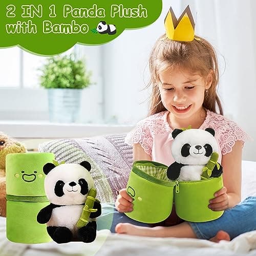 Emoin Soft Reversible Panda Stuffed Animals with Bamboo Storage Bag, 11-Inch Interactive Baby Toy, Cute Cuddly Panda Plush Toy for Kids & Adults – Perfect for Birthday & Sweet Valentine’s Day Gifts - Thumbnail 2