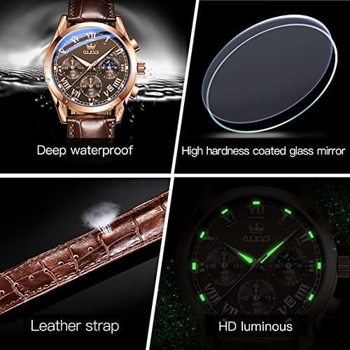 OLEVS Mens Watches Casual Brown Leather Mens Watch Rose Gold Analog Waterproof Chronograph Watch for Men Classic Vintage Quartz Date Moon Phase Men's Wrist Watches Reloj para Hombre - Thumbnail 5