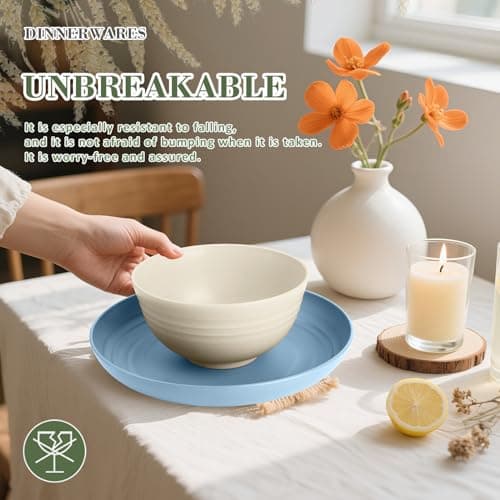 Wrova Wheat Straw Kids Plates and Bowls Sets,Unbreakable Kids Dinnerware sets with Flatwares,Lightweight Reusable Camping Plates and Bowls Sets.Nordic Series - Thumbnail 6