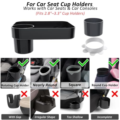 Car Seat Snack Tray for Kids, Mess-Free Square Travel Tray Cup Holder Snack Tray, Durable Car Food Tray for Toddlers, Universal Fit Kids Travel Road Trip Essentials (1, Black) - Thumbnail 2