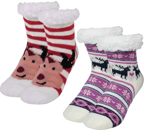 BenSorts Child Christmas Slipper Socks Winter Warm Fleece Lining House Fuzzy Soft Sherpa Cozy Socks Gift Purple Stripe Reindeer 2 Pairs 8 9 10 11 12 Years - Image 1