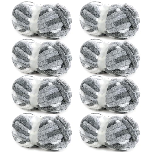 HOMBYS Chunky Tie Dye Mix Chenille Yarn for Hand Knitting, Super Bulky Jumbo Yarn for Crocheting, 3/4" Thick Soft Plush Yarn for Blankets, 8 Skein Pack (26 yds / 7.5 oz Each) Dark Grey Grey White - Image 1