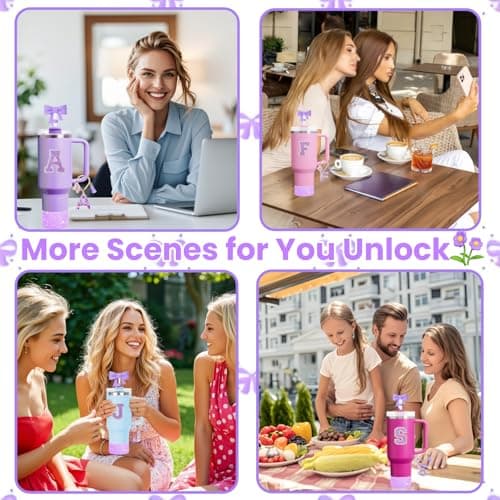 MOTEERLLU 6pcs Purple Stanley Cup Accessories Set,Bow Straw Cover for Stanley Cup 30oz 40oz, Including Straw Topper,Spill Proof Stopper,Sparkly Silicone Boot Set,Handle Charm,Initials Sticker (M) - Thumbnail 6