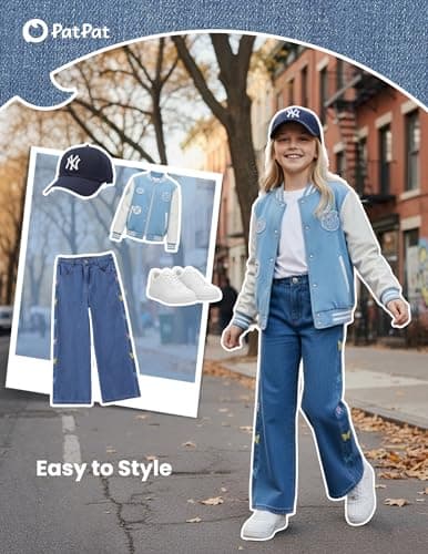 PATPAT Girls Baggy Wide Leg Jeans 5-14Y, Elastic Mid-Wasit Denim Pants with Checkerboard/Butterfly Embroidery for Kids Teens - Thumbnail 6