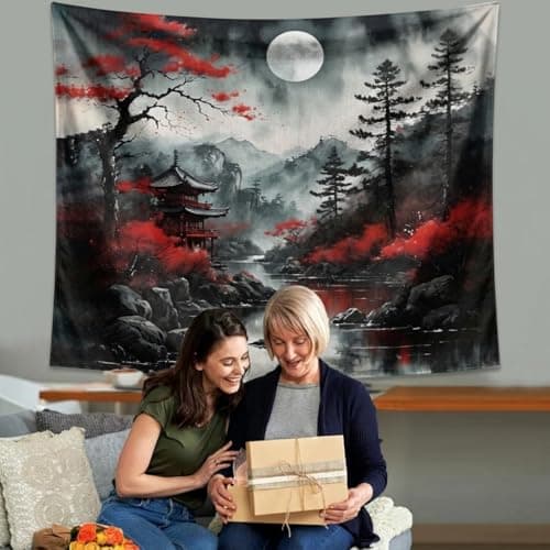 Atrippy Anime Japanese Wall Tapestry for Bedroom Aesthetic, Black Forest Moon Tapestry Wall Hanging, Vintage Nature Mountain Art Decor Tapestries Dark Landscape Backdrop for Living Room 51"X60" - Thumbnail 2