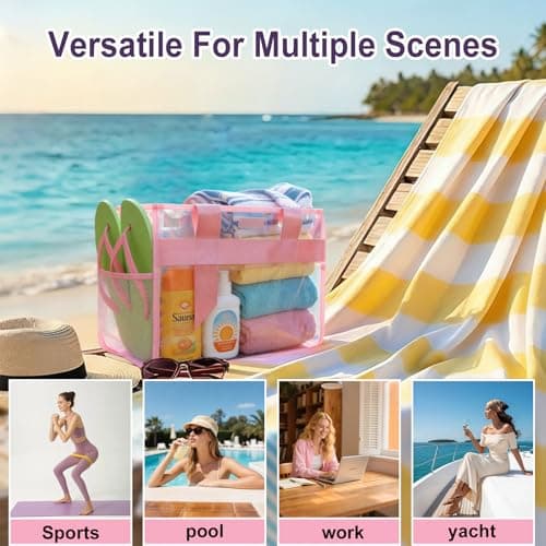 Gryvol 2-Piece 26L Iridescent Beach Bag for Women, Purple Tote Bag with Snap Closure & Pink Clear Bag with Zipper, Waterproof Large Beach Totes for Family Summer Travel Essentials - Thumbnail 6