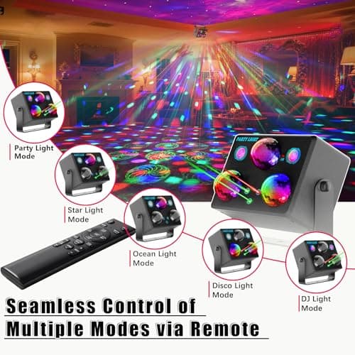 6-in-1 Disco Ball Party Lights with Sound Activation & Remote Control: Multi-Effect Lighting with Star Projector, Ocean Wave and LED Strobe for Home, Christmas, Birthday, Wedding, Bar and Club - Thumbnail 5