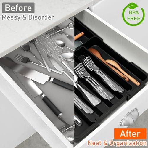 Spaclear Silverware Organizer - Expandable Kitchen Drawer Organizer, Utensil Drawer Organizer, Adjustable Plastic Flatware and Cutlery Holder, Kitchen Organizers Storage for Forks Knives, Black - Thumbnail 5