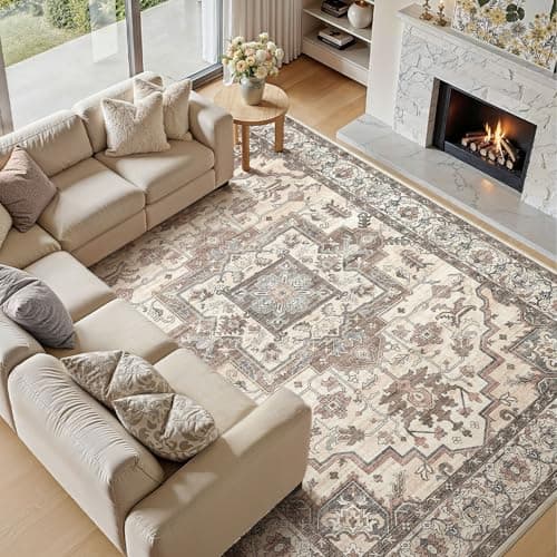 Jessibou 8x10 Area Rugs Living Room: Washable Vintage Rug Large Non-Slip Stain Resistant Ultra Soft Low Pile Pet Kids Friendly Carpets for Bedroom Dining Room Nursery Home Office Decor - Light Brown - Thumbnail 3