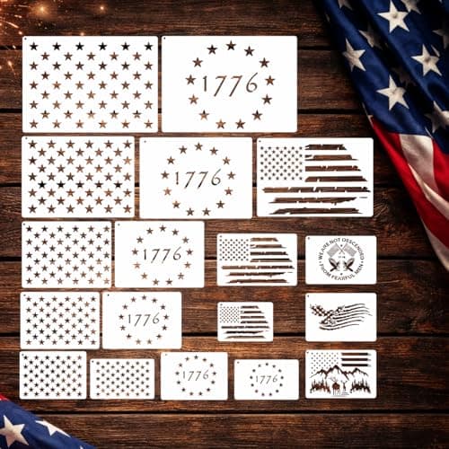 18 Pcs Large American Flag 50 Star Stencils for Painting, Reusable Patriotic 4th of July Stencil Kit with 1776 Designs for DIY Wood Signs, Wall, Canvas & Fabric Crafts - Image 1