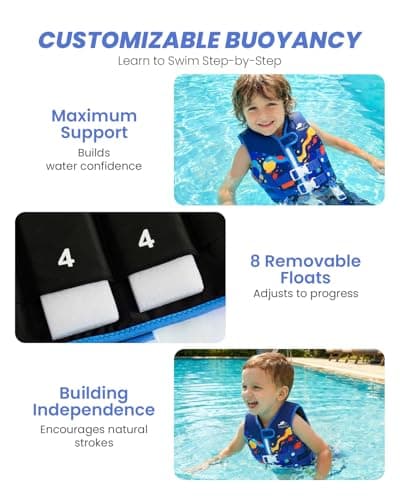 Gogokids Swim Vest for Toddler & Kid 1-2-3-4-5, Adjustable Buoyancy Swimming Vest for Kid Learn to Swim, Toddler Floaty with Removeable Floats and Dual Safety Straps Buoyancy Aid for Pool Beach Puddle - Thumbnail 3