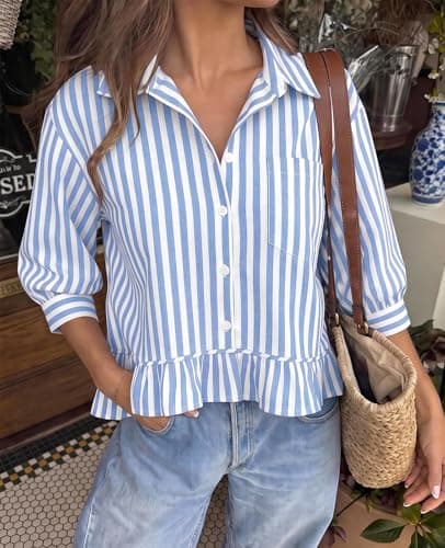 PRETTYGARDEN Women's Business Casual Tops V Neck Button Up Shirts Women Lapel Collared 3/4 Sleeve Striped Ruffle Crop Y2k Top (White Blue Striped, XX-Large) - Thumbnail 4