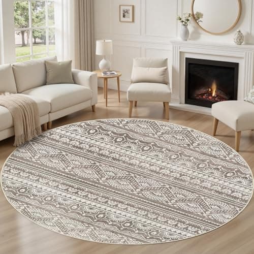 Tortania 4' Round Area Rug Living Room Rugs - Washable Large Soft Neutral Boho Moroccan Bohemian Farmhouse Rug Indoor Floor Carpet for Bedroom Under Dining Table Home Office Decor - Dark Brown