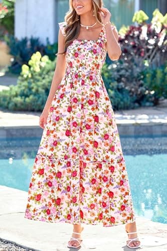 dowerme Womens Summer Maxi Dresses 2026 Casual Ruffle Sleeve Button Smocked Floral Slit Boho Dress Spring Beach Sundress(White Pink Flower,XX-Large) - Thumbnail 3