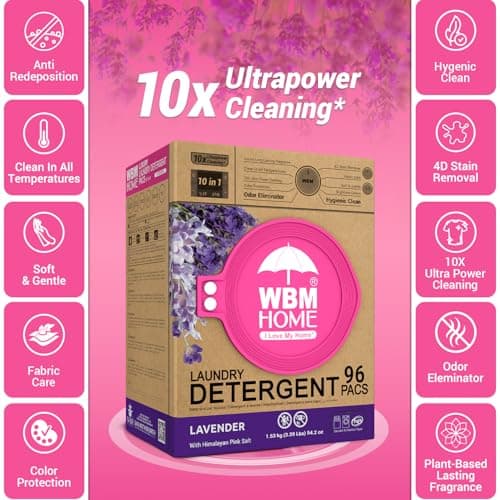 WBM 10-in-1 Laundry Pods with Softener & Scent Booster, 96 Count, High Efficiency (HE), Fabric Softener, Lavender Extracts, Stain Lifter, Eco-Friendly, Gentle, Fresh - Thumbnail 3