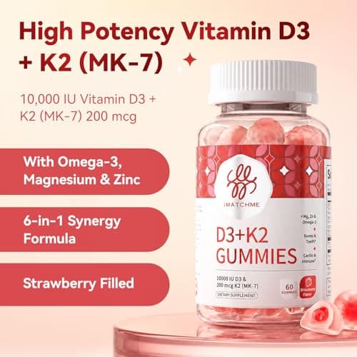 iMATCHME Vitamin D3 K2 Gummies for Adults, 10000 IU Vitamin D3 + 200 mcg K2 MK-7 with Omega-3, Magnesium & Zinc, Bone, Teeth, Heart & Immune Support, Sugar-Free Vegan, 60 Count(Pack of 2) - Thumbnail 2