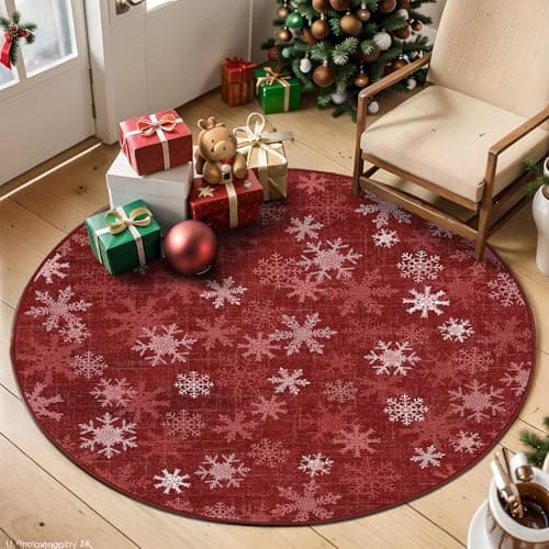 Dotiiorug Christmas Round 4Ft Washable Rugs,Low Pile Non Slip Carpet Non-Shedding Rug Soft Stain Resistant Mat for Living Room Bedroom Snowflake Red - Image 1