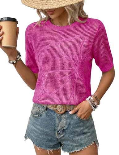 LaGracia Womens Short Sleeve Crochet Sweater Summer Crochet Tops Lightweight Hollow Out Crewneck Pullover Beach Coverup Hot Pink S - Image 1