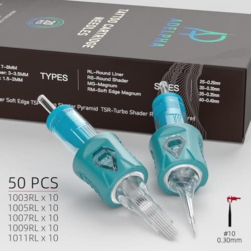 50Pcs Tattoo Cartridge Needles Assorted Mixed Size #10 Round Liner 3RL 5RL 7RL 9RL 11RL with Membrane Tattoo Needles Professional Disposable - Thumbnail 2