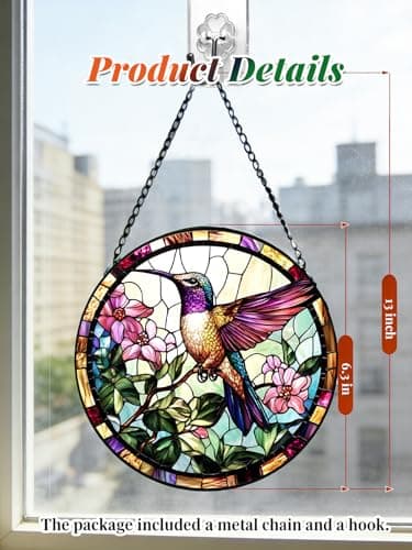 Stained Glass Window Hanging, Hummingbird Suncatcher for Door Home Decor, Birds Flowers Sun Catcher Ornament Mother's Day Birthday Gifts for Bird Lovers Women Men Mom 6.3 in - Thumbnail 5