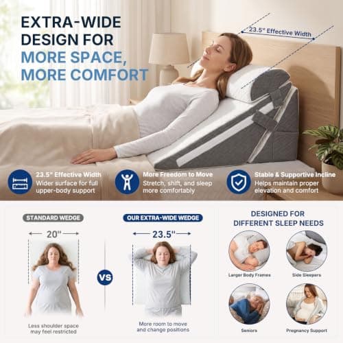 Adjustable Wedge Pillow Set 4PCS, Cooling Gel Memory Foam Bed Wedge with Dual Head Pillows, Extra-Wide Incline Pillow for Acid Reflux, GERD, Sleep Apnea & Post Surgery Recovery, White/Dark Grey - Thumbnail 4