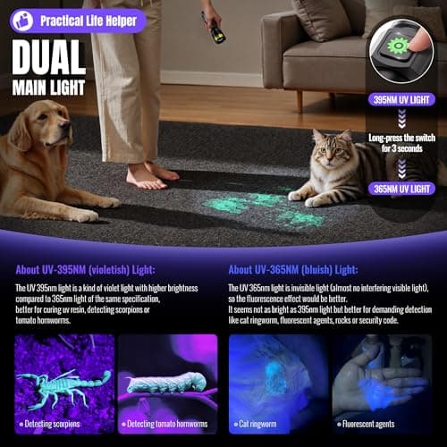 UV Flashlight 365nm & 395nm Dual Black Light, Powerful USB Rechargeable Ultraviolet LED Blacklight Woods Lamp, Focusable Portable Detector for Pet Urine Stains, Uranium Glass, Resin Curing(2 Pack - Thumbnail 3