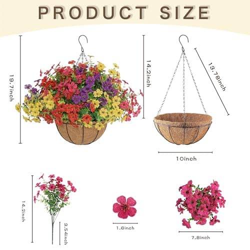 Senjie 12 Bundles Artificial Hanging Flowers with Basket for Outdoor Decor, UV Resistant Faux Flowers Fake Hanging Planter for Porch Patio Balcony - Thumbnail 4
