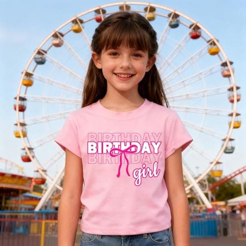 IsPICK Birthday Shirt Girl Birthday Girl Letter Print T-Shirt 4-12 Year Toddler Kids Bow 4th 5th Short Sleeve Tees Pink - Thumbnail 3