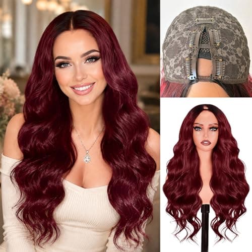 Beautier V Part Wig Body Wave Ombre Burgundy Synthetic Half Wigs for Black Women 26 Inch Wear and Go Glueless Wig Full Head Clip in Hair Heat-Resistant Wigs for Daily Party Use 26 Inch - Image 1
