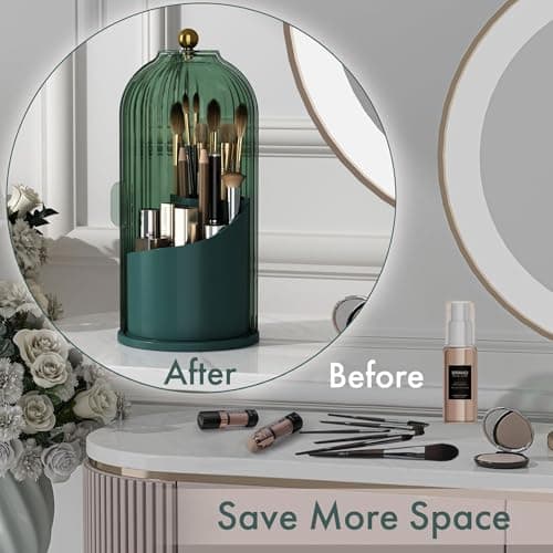 ZHUSSZHU Makeup Brush Holder with Lid Cosmetic Tools Organizer 360 Rotating Waterproof Dustproof Beauty Brushes Storage for Vanity, White Malachite green - Thumbnail 3