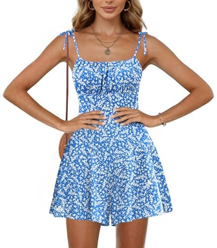 Ekouaer Rompers for Women Boho Floral Summer Romper Sleeveless Spaghetti Strap Smocked Loose Casual Shorts Jumpsuits Beach Vacation 2026 Blue White Flowers XL - Image 1