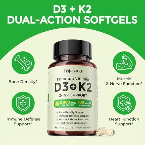 Vitamin D3 K2 5000IU 100mcg MK-7, 2-in-1 K2 D3 Vitamin Supplement for Better Bone, Immune Support, Better Calcium Absorption, with Sunflower Seed Oil, Easy to Swallow,120 Day Supply, D3 5000IU - Thumbnail 5