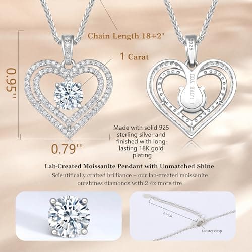 Valentines Day Gift for Wife Moissanite Heart Necklace,18K Gold Plated 925 Sterling Silver Pendant,Waterproof Hypoallergenic Jewelry for Women Anniversary Birthday Christmas Mother's Day (Sliver, Carats, 1) - Thumbnail 2