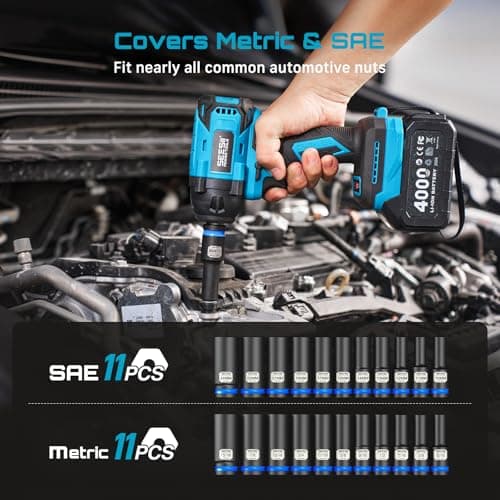 1/2" Drive Deep Impact Socket Set, SAE & Metric Sockets (5/16"-15/16" & 10-24mm), Professional CR-MO Steel, 6-Point for Impact Wrench, Automotive & Truck Repair Tool Kit - Thumbnail 3