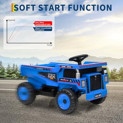 Garvee 12V Ride On Dump Truck for Kids, Ride On Car with Remote Control, Construction Vehicles with Dump Bed & Shovel, Ride-On Toys 16.5 in Spacious Seat, Music, Headlights, Soft Start, Blue - Thumbnail 5
