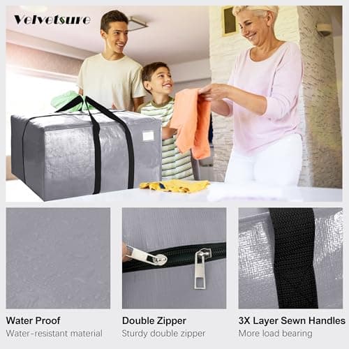 VELVETSURE Heavy Duty Extra Large Moving Bags W/Backpack Straps - Strong Handles & Zippers, Storage Totes For Space Saving, Fold Flat, Alternative to Moving Box and Storage Bin (Set of 6, Silver) - Thumbnail 3