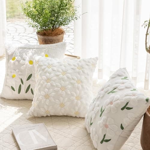 KIDHABE Spring Summer Pillow Covers 18x18 inch, Set of 2 Soft Faux Fur Jacquard Yellow Color Flower Heart Sunflower Throw Pillow Cases for Sofa Couch Holiday Spring Home Decor - Thumbnail 3