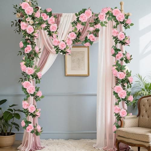 U'Artlines 3 Pack Artificial Pink Rose Vines Floral Garlands Total 19.5 Ft Fake Vine Silk Flower Garland for Indoor Outdoor Home Wedding Arch Garden Wall Decoration - Thumbnail 5