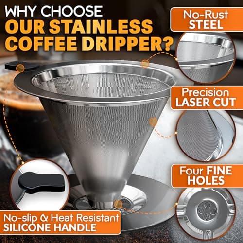 Pour Over Coffee Dripper - 3.18x4.48" Stainless Steel Pour Over Coffee Maker with Large Plastic Handle, Wide Secure Base and a Brush for Cleaning - Ensures Well-Balanced and Reach Tea Infuser - Thumbnail 5
