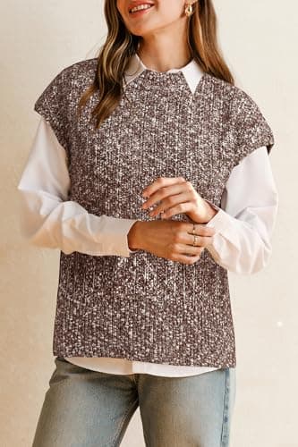 Arach&Cloz 2025 Women's Fashion Summer Fall Cotton Blend Cap Sleeve Sweater Vest Knit Side Slit Mock Neck Sleeveless Formal Tops Cute Casual Trendy Clothes Teacher Outfits Clothing White Brown S - Thumbnail 5