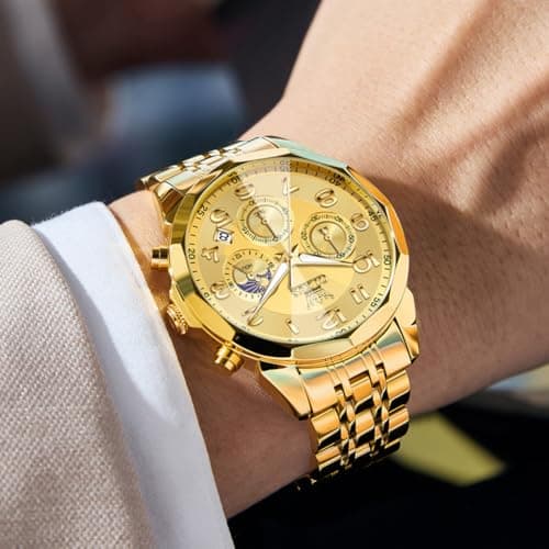 OLEVS Watch Men Luxury Gold Big Face Moon Phase Chronograph Stainless Steel Dress Waterproof Watches for Men Classic Metal Easy Reader Date Analog Quartz Mens Watches Relojes para Hombre - Thumbnail 2