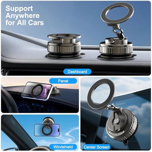Kairiyard Magnetic Phone Holders for Your Car, [80+LBS Strongest Suction & 2400gf Magnetic] 360° Adjustable Vacuum Suction Cup Car Cell Phone Holder Mount Compatible for MagSafe iPhone Android Phone - Thumbnail 2